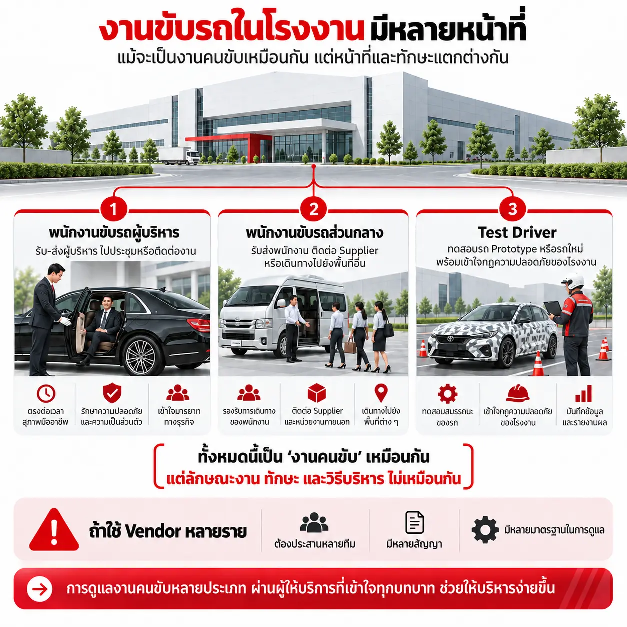 โรงงานหนึ่งแห่ง อาจต้องใช้คนขับหลายประเภท